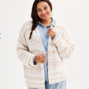 SO Women’s Plus Size Open Front Beige and White Sweater Cardigan
